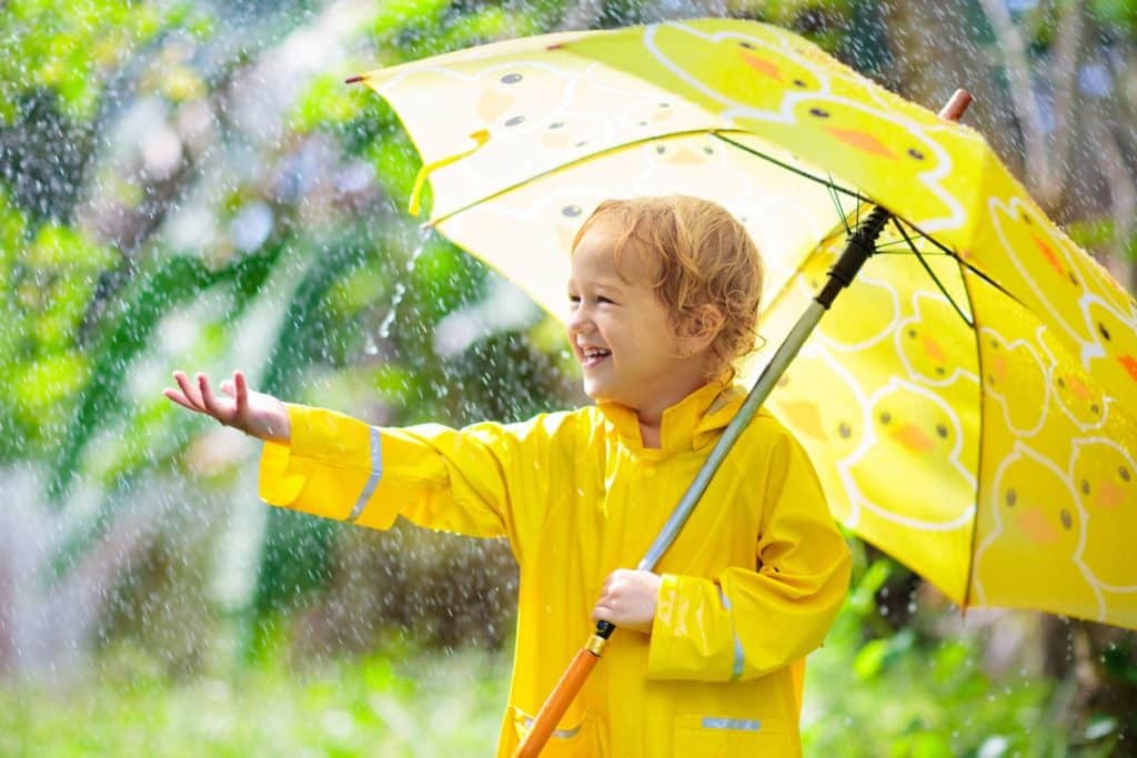child in the rain with an umbrella