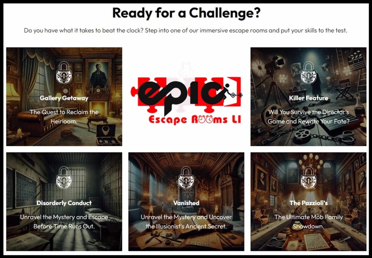 Epic Escape Rooms LI Ad showing their different rooms